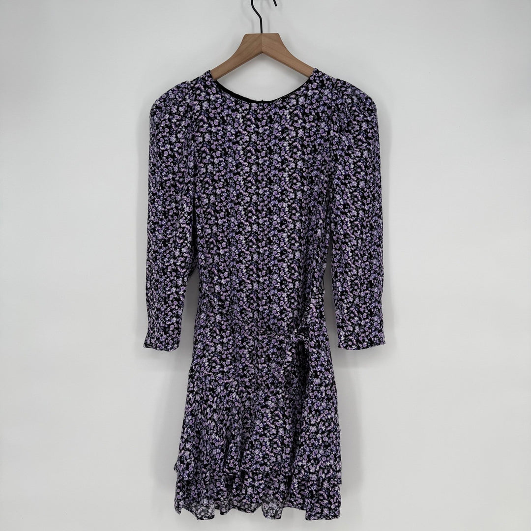 ZARA Floral Print Long Sleeve Wrap Dress Purple Black Size S