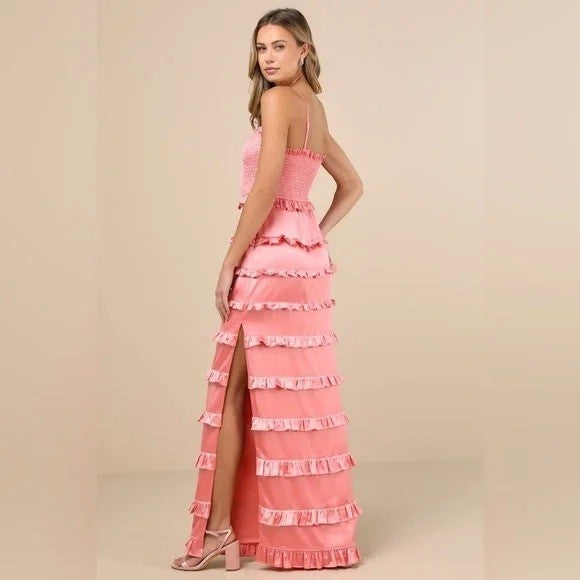 Lulus Sincerely Fabulous Peach Pink Satin Smocked Ruffled Maxi Dress Size M