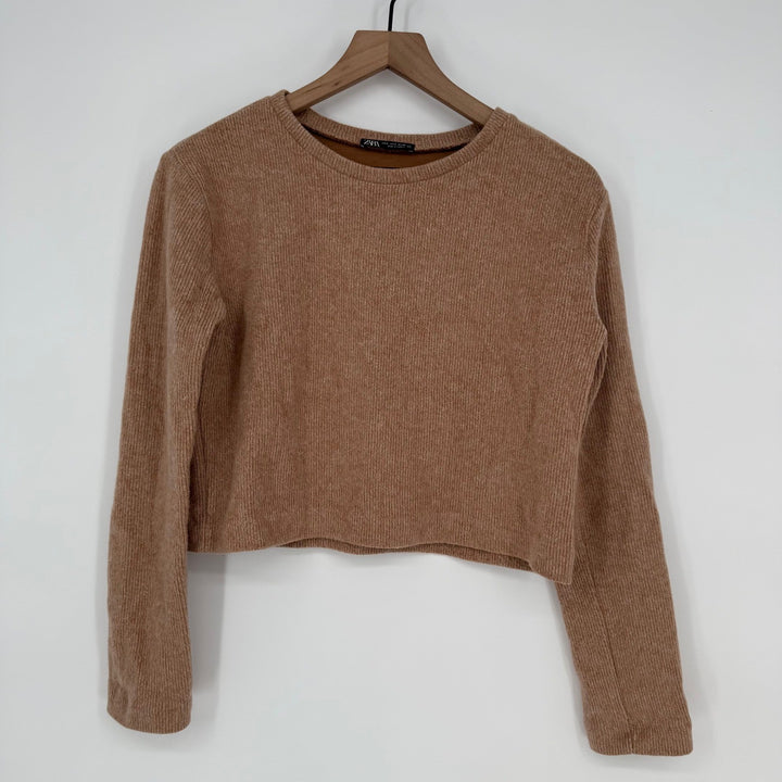 ZARA Ribbed Knit Cropped Sweater Camel Long Sleeve Size S