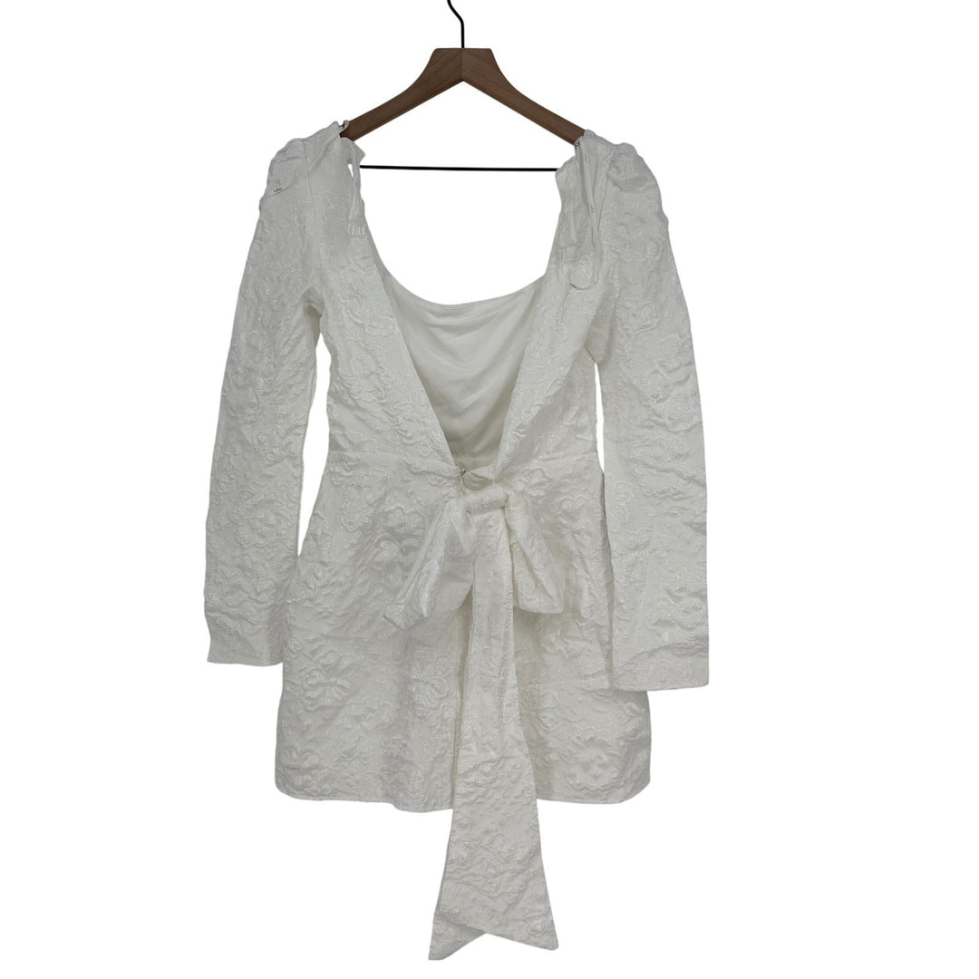 Lulus Elevated Icon White Jacquard Long Sleeve Bow Mini Dress Size M