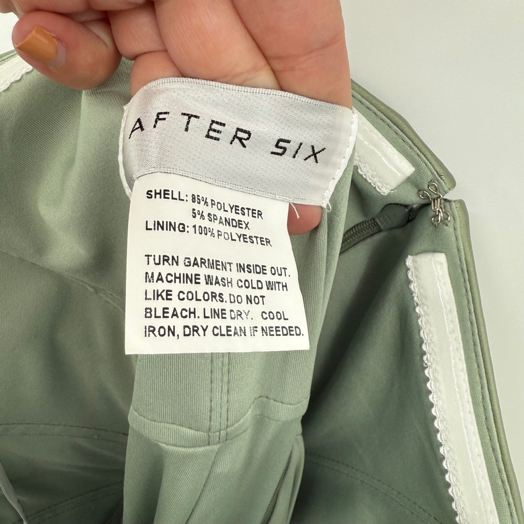 AFTER SIX Sage Green Satin Corset Drape Neck Off Shoulder Maxi Dress Size 12 R