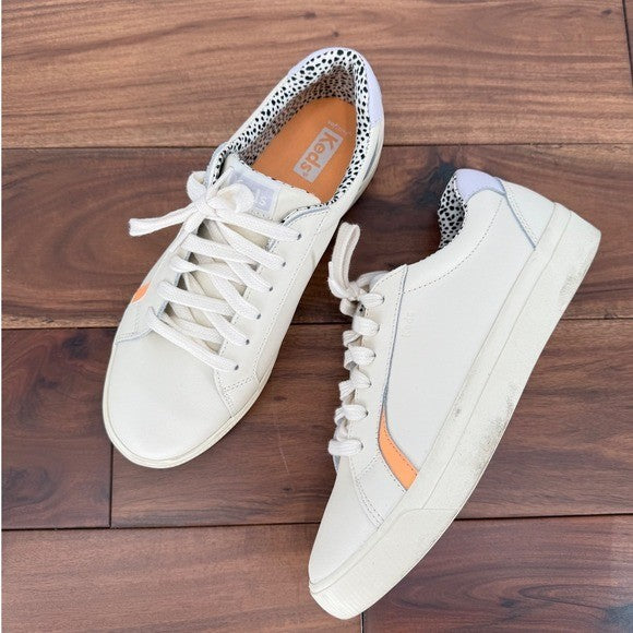 Keds Cream Leather Sneakers with Orange Stripe & Leopard Print Accent