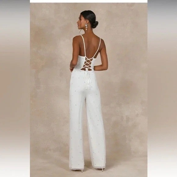 Lulus Unbelievably Divine White Mesh Pearl Lace-Up Jumpsuit Size S