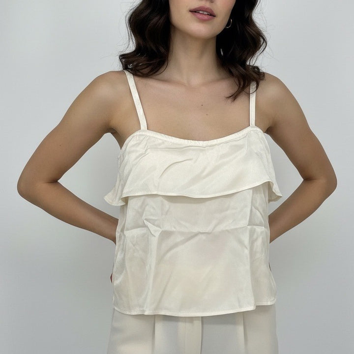 LACAUSA Ivory Ruffle Tiered Spaghetti Strap Camisole Top Size S