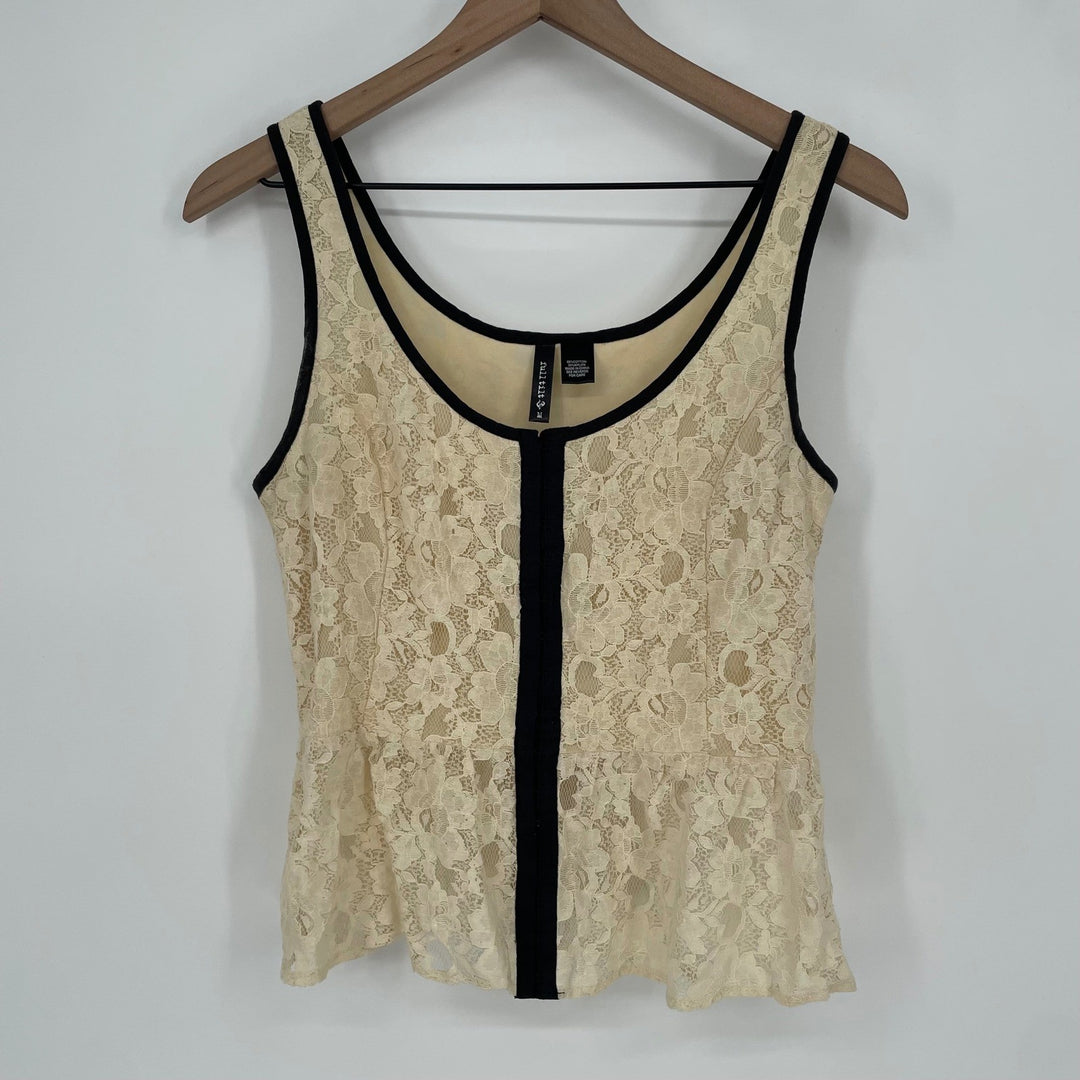 Full Tilt Peplum Lace Tank Top Cream Black Trim Size M