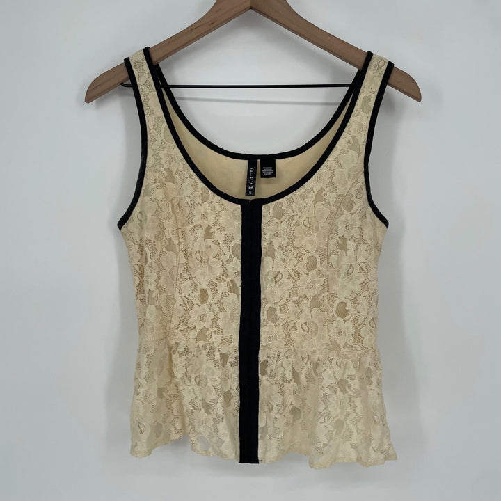 Full Tilt Peplum Lace Tank Top Cream Black Trim Size M