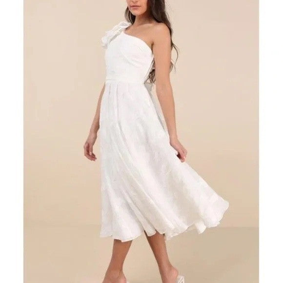 Lulus Sweet Definition White Burnout Ruffled One-Shoulder Midi Dress Size M