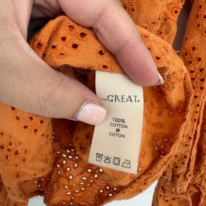 The Great Eyelet Ruffle Flutter Top Womens 3 Rust Orange Cotton Keyhole Back
