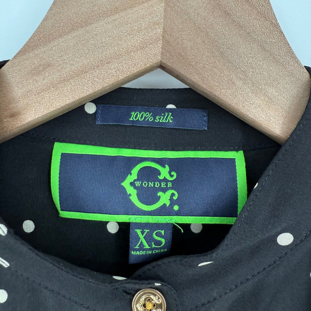 Wonder Stripe Polka Dot Silk Band Collar Button Up Blouse XS Black