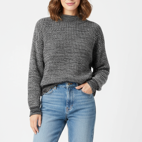 Abound Easy Stitch Sweater Women XL Black Gray Marled Cotton Chunky Knit Stretch