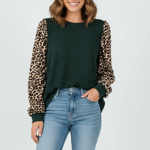 Ces Femme Top Womens Medium Multicolor Leopard Print Tight Knit Puff Sleeve