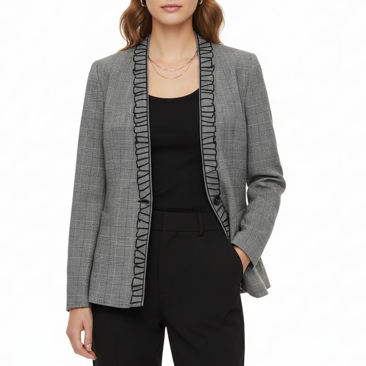Foxiedox Blazer Jacket Womens 4 Gray Plaid Shawl Lapel Patchwork Lined Business