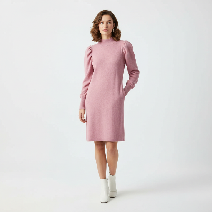Wayf Lola Sweater Dress Women Medium Pink Nylon Puff Sleeve Mock Neck Tight Knit