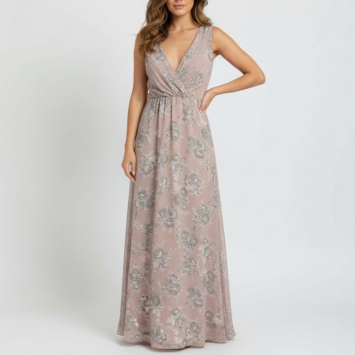 Lovers + Friends Wrap Maxi Dress Womens 4 Beige Floral Plunge Double V Neck