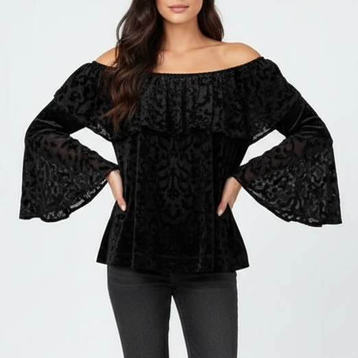 Nally & Millie Blouse Top Women S/M Black Burnout Velvet Nylon Lined Bell Sleeve