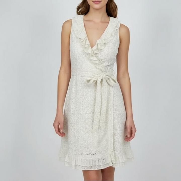 Lilly Pulitzer Wrap Dress Womens 6 Beige Eyelet Lace Overlay Cotton Belted Lined