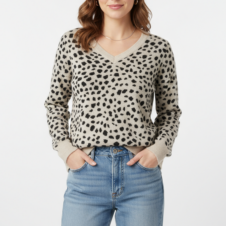 LOFT Sweater Womens Small Beige Black Leopard Themed Viscose Tight Knit V Neck