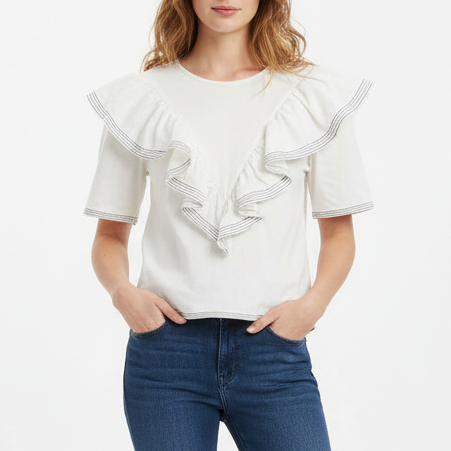 Saylor Nautical Harriette Denim Top Women Large White Cotton Ruffle Keyhole Back