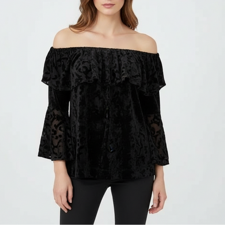 Nally & Millie Blouse Top Women S/M Black Burnout Velvet Nylon Lined Bell Sleeve
