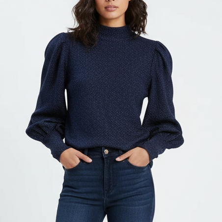 PatBo Sweater Womens Medium Blue Glitter Stretch Mock Neck Puff Sleeve Back Zip