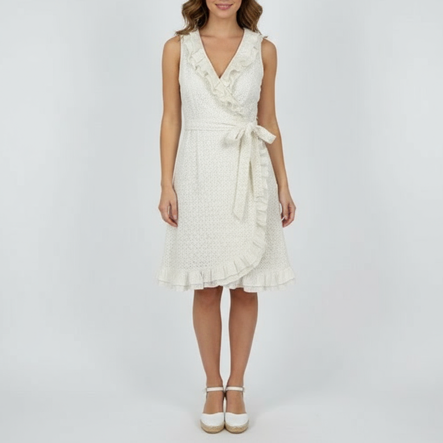 Lilly Pulitzer Wrap Dress Womens 6 Beige Eyelet Lace Overlay Cotton Belted Lined