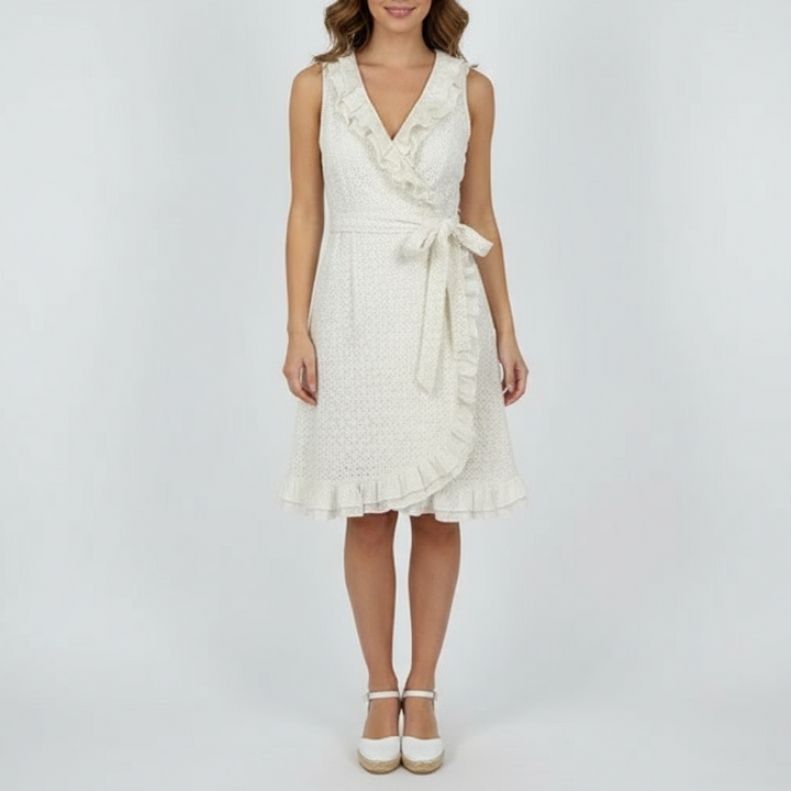 Lilly Pulitzer Wrap Dress Womens 6 Beige Eyelet Lace Overlay Cotton Belted Lined