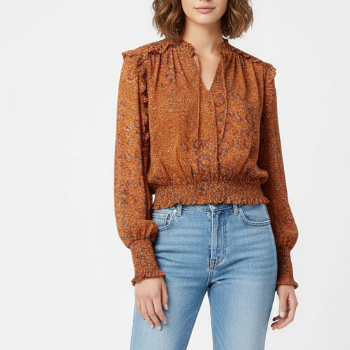 Elan Copper Paisley Print Long Sleeve Smocked Blouse Top S