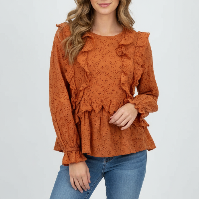 The Great Eyelet Ruffle Flutter Top Womens 3 Rust Orange Cotton Keyhole Back