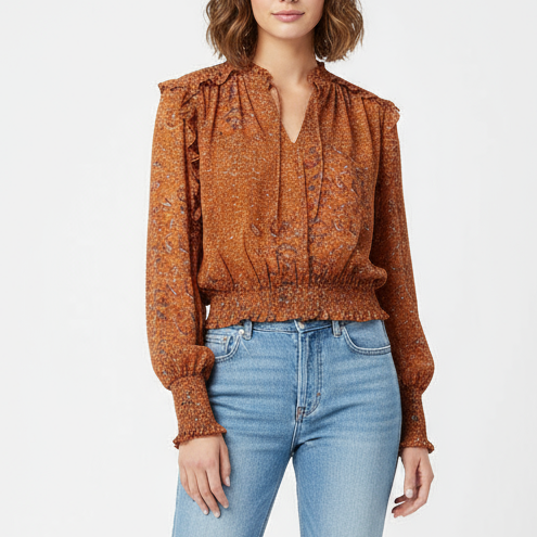 Elan Blouse XS Copper Paisley Print Long Sleeve Smocked Bloomingdales