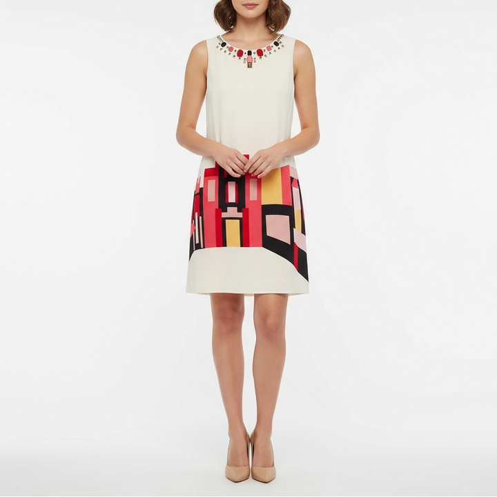 Vince Camuto Sheath Dress Womens 4 Multicolor Villa Print Lined Beaded Back Zip