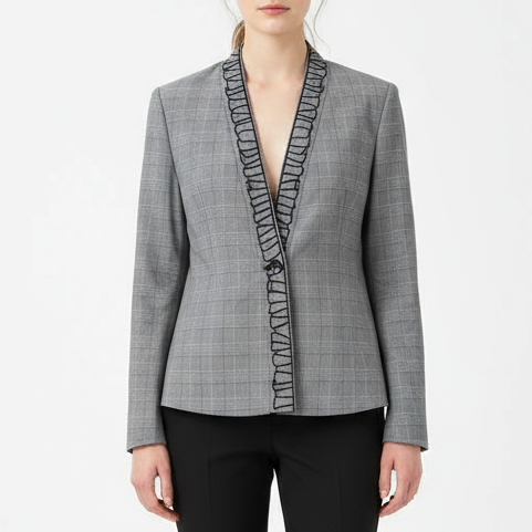 Foxiedox Blazer Jacket Womens 4 Gray Plaid Shawl Lapel Patchwork Lined Business