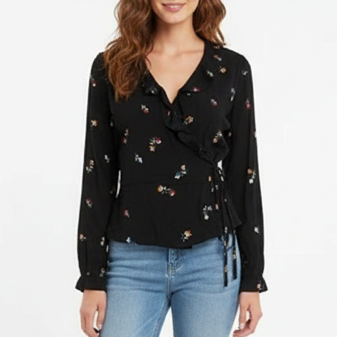 Rails Simone Wrap Blouse Womens XS Black Kyoto Floral Rayon Ruffle Surplice Neck