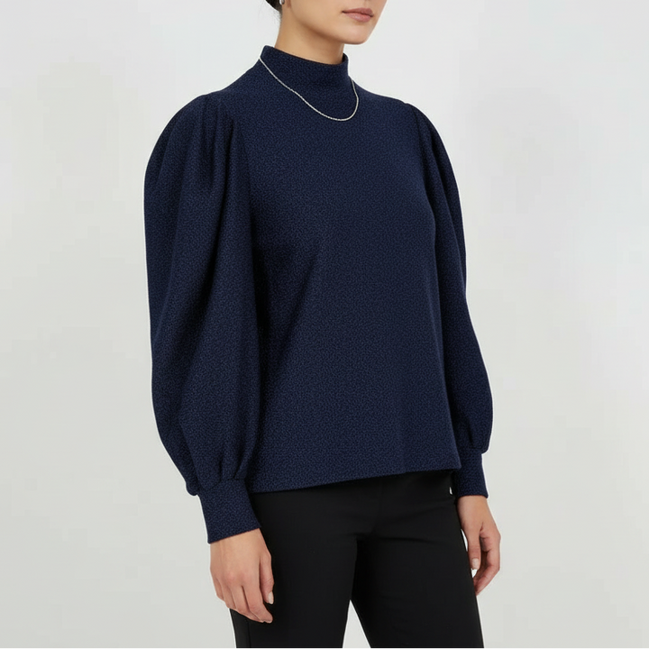 PatBo Sweater Womens Medium Blue Glitter Stretch Mock Neck Puff Sleeve Back Zip