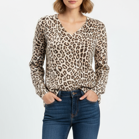 Warehouse Sweater Womens 8 Multicolor Leopard Print Lambswool Tight Knit V Neck