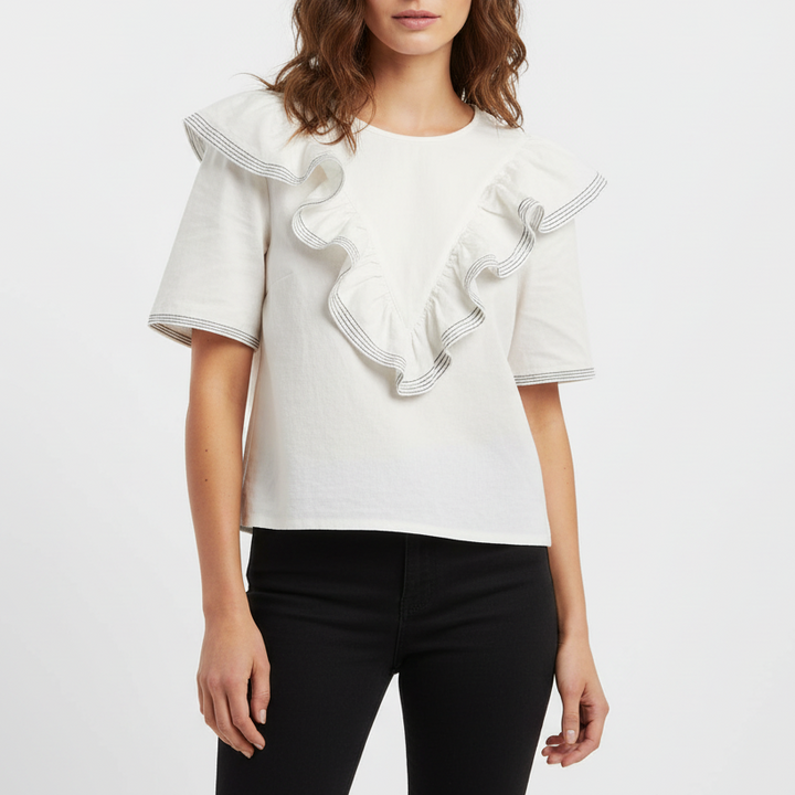 Saylor Nautical Harriette Denim Top Women Large White Cotton Ruffle Keyhole Back