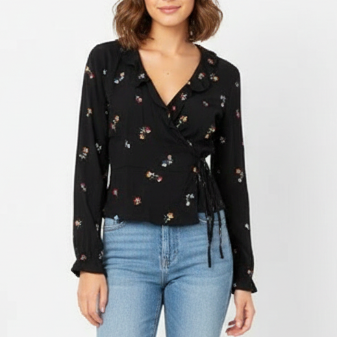 Rails Simone Wrap Blouse Womens XS Black Kyoto Floral Rayon Ruffle Surplice Neck