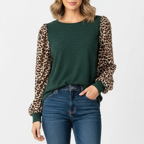 Ces Femme Top Womens Medium Multicolor Leopard Print Tight Knit Puff Sleeve