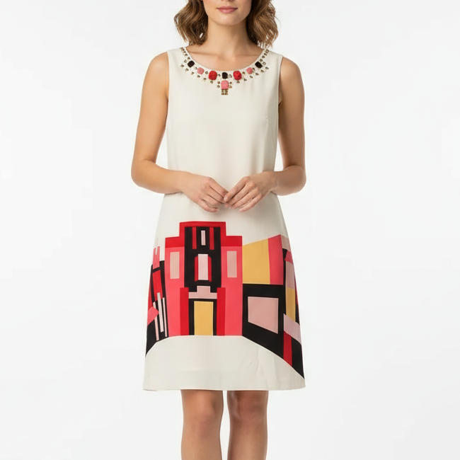 Vince Camuto Sheath Dress Womens 4 Multicolor Villa Print Lined Beaded Back Zip